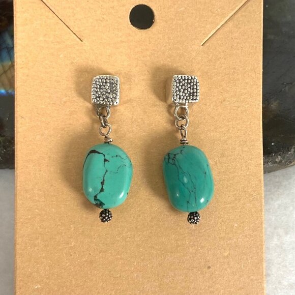 Sterling Silver 925 Southwest Style Beaded Turquoise Square Stud Dangle Earrings - Picture 1 of 16